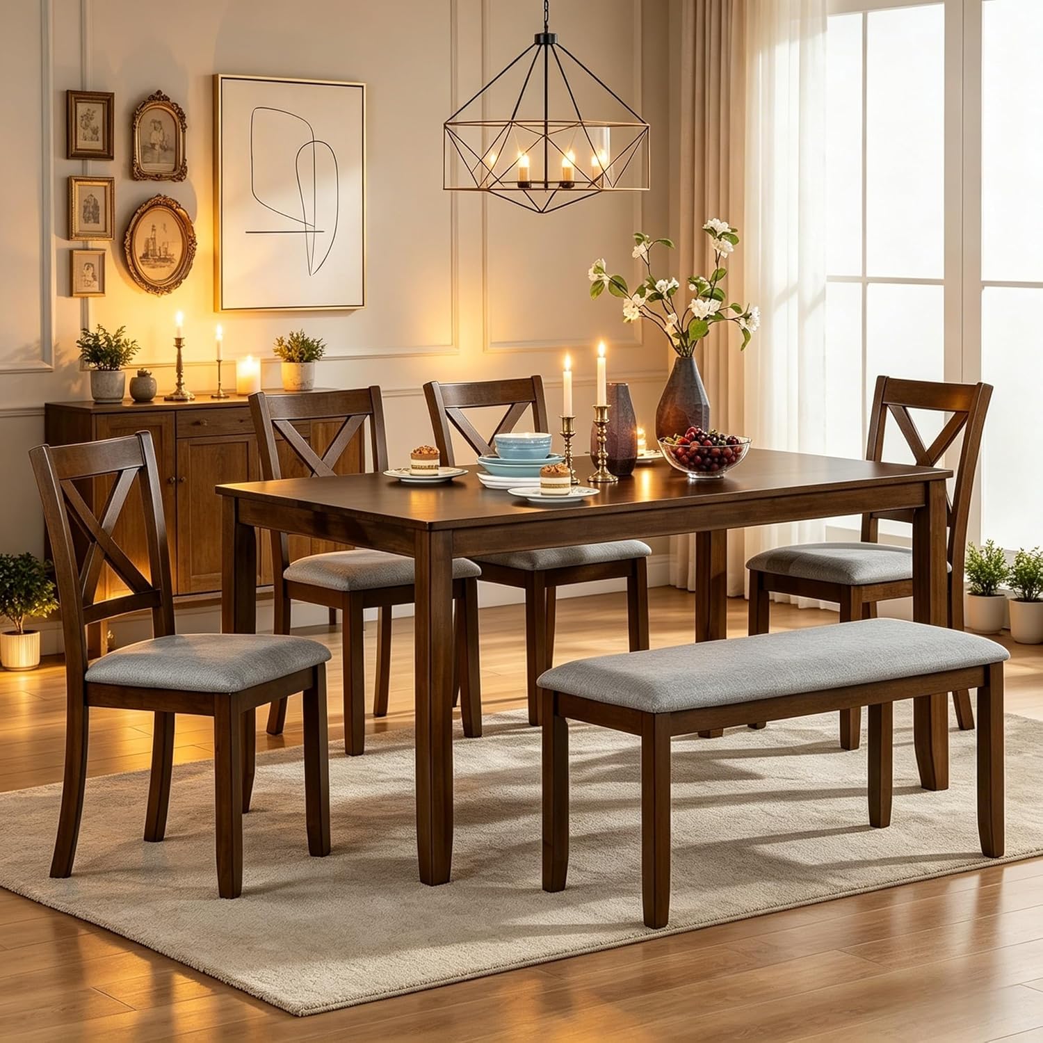 LUMISOL 6-Piece Solid Wood Dining Table Set, Wood Kitchen Table with 4 Chairs and Bench, Farmhouse Dining Table with Bench and Chairs Set for Kitchen, Living Room, Walnut Grey
