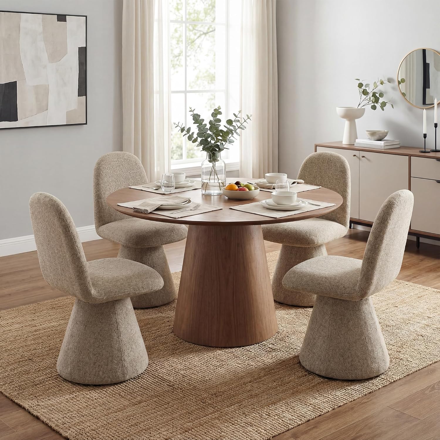 DUOMAY 360° Swivel Dining Chairs Set of 4, Mid Century Modern High Back Linen Upholstered Dining Room Chairs Kitchen Chairs, Armless Chair for Living Room Bedroom Reading, Khaki