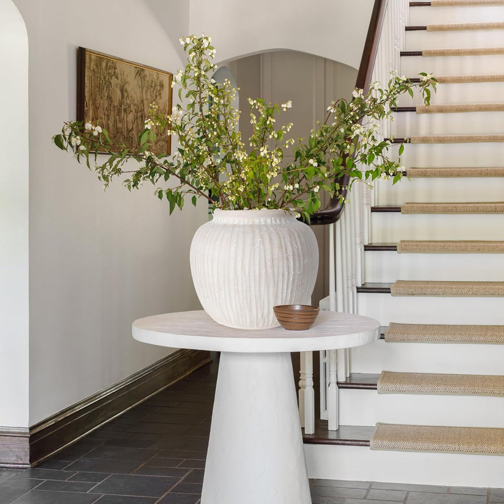 Oakrain Large Rustic Minimalist Vase, 11" Distressed Round Floor Vase for Home Decor, Farmhouse Decorative Centerpieces for Living Room Bedroom, Vintage White