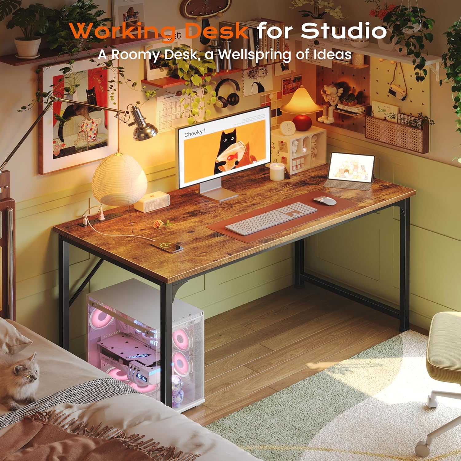 PRAISUN 47 Inch Computer Gaming Desk with Power Outlets and USB-C Port, 24 Inch Deeper Desktop, Office Desk for Home Office, Study, Bedroom, Writing Work from Home Desk, Metal Frame, Rustic Brown