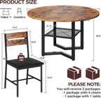 IRONCK Round Dining Table Set for 4, Dining Room Table Set with 4 Chairs, 47.2'' Dinner Table with Wooden Tabletop and Metal Base, 5-Piece Kitchen Table and Chairs, Rustic Brown