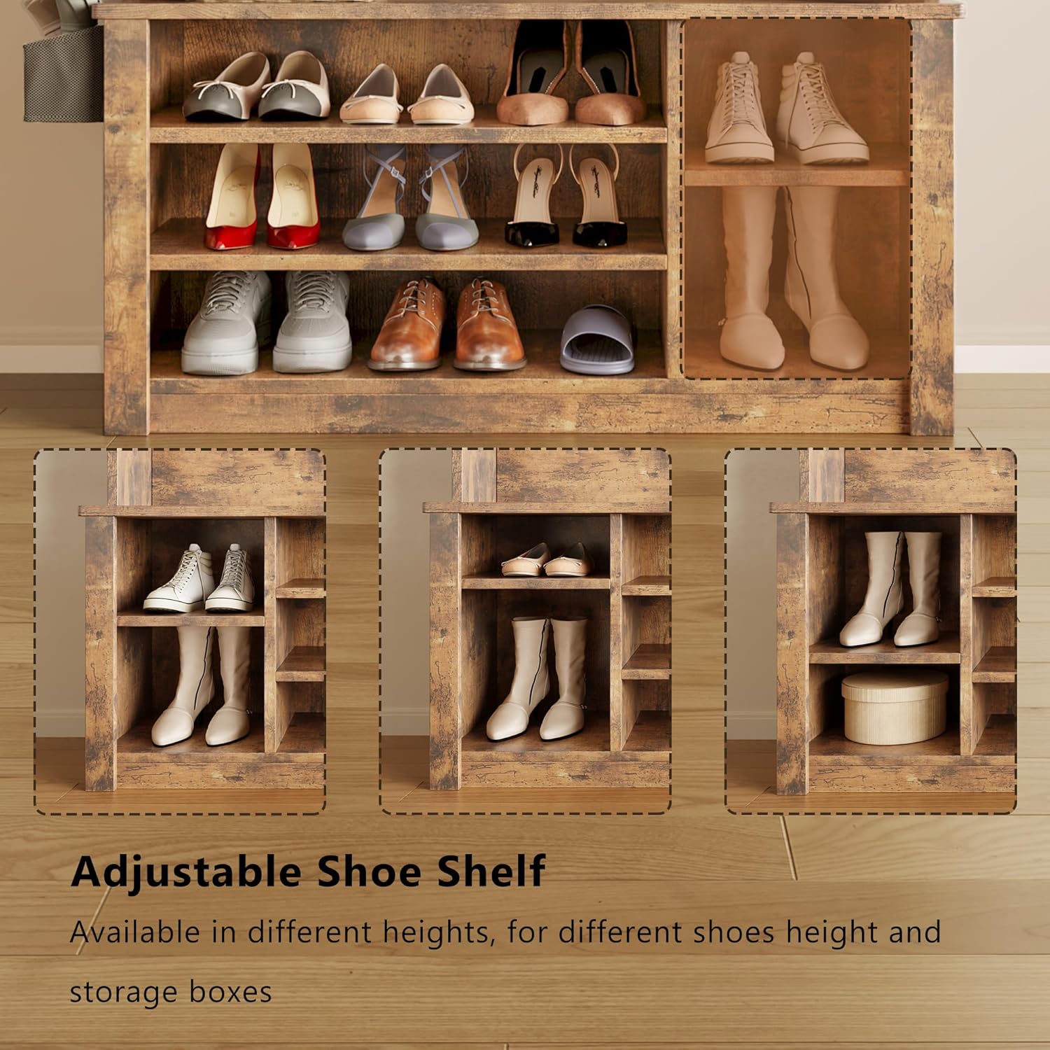 Aiho Entryway Hall Tree with Bench and Storage, 5-in-1 Hall Tree with Coat Rack, Adjustable Shoe Bench, 2-Tier top Storage, for Hallway, Entryway, Bedroom, Rustic Brown
