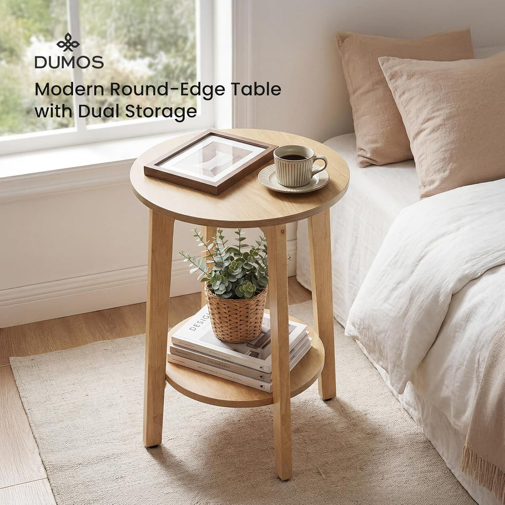DUMOS Small Round Side Tables for Small Spaces, 2-Tier Boho End Table with Storage Shelf, Sturdy Simple Trending Bedside Nightstand with Non-Slip Pads for Living Room, Bedroom, Natural Wood