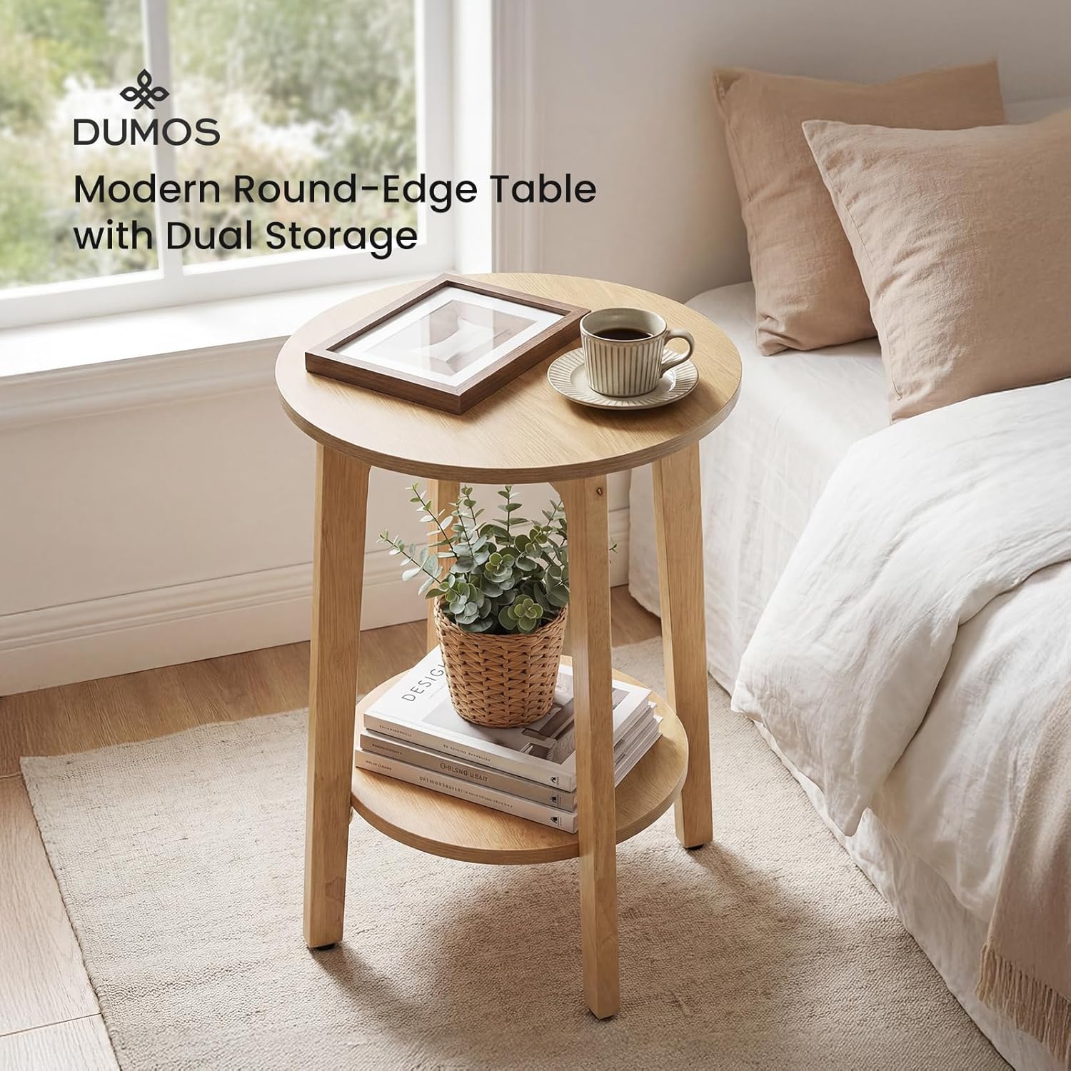 DUMOS Small Round Side Tables for Small Spaces, 2-Tier Boho End Table with Storage Shelf, Sturdy Simple Trending Bedside Nightstand with Non-Slip Pads for Living Room, Bedroom, Natural Wood
