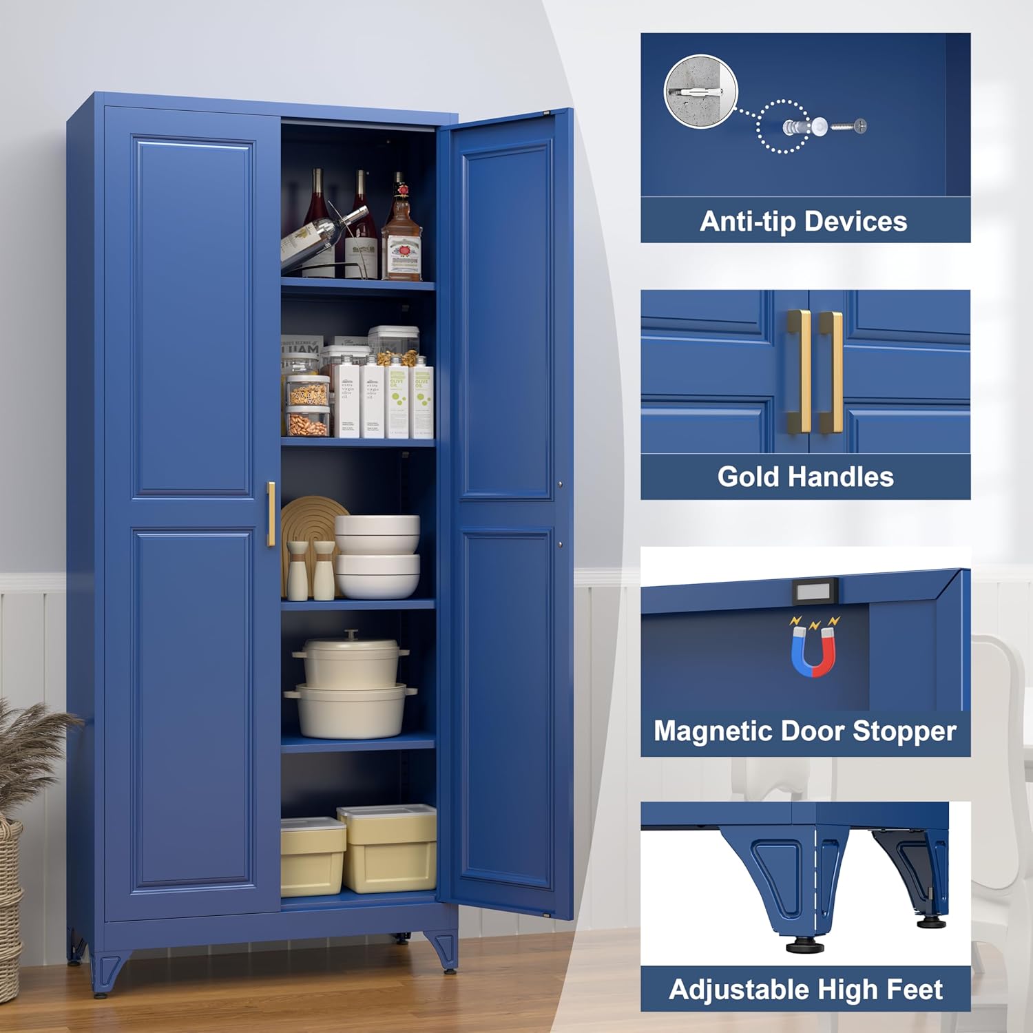 Kitchen Pantry Storage Cabinets, 75" Tall Metal Storage Cabinet with Doors and 4 Shelves, Blue Pantry Cabinet, Utility Kitchen Cupboard, Large Steel Cabinets for Dining, Office, Living Room
