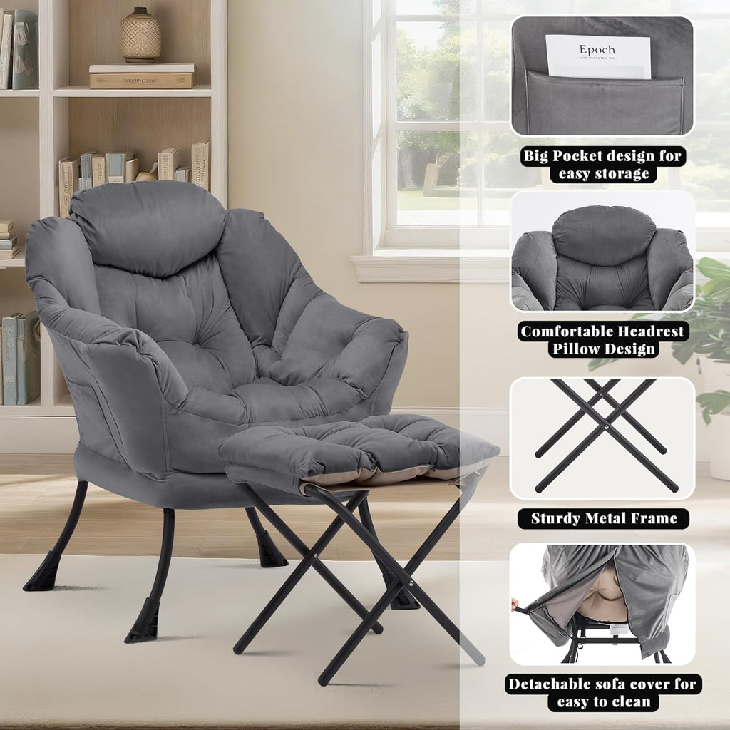 Lazy Chair with Ottoman, Comfy Accent Lounge Chair with Side Pocket, Modern Reading Armchair with Footrest, Upholstered Sofa Chair for Small Spaces, Bedroom, Living Room, Dorm, Darkgrey