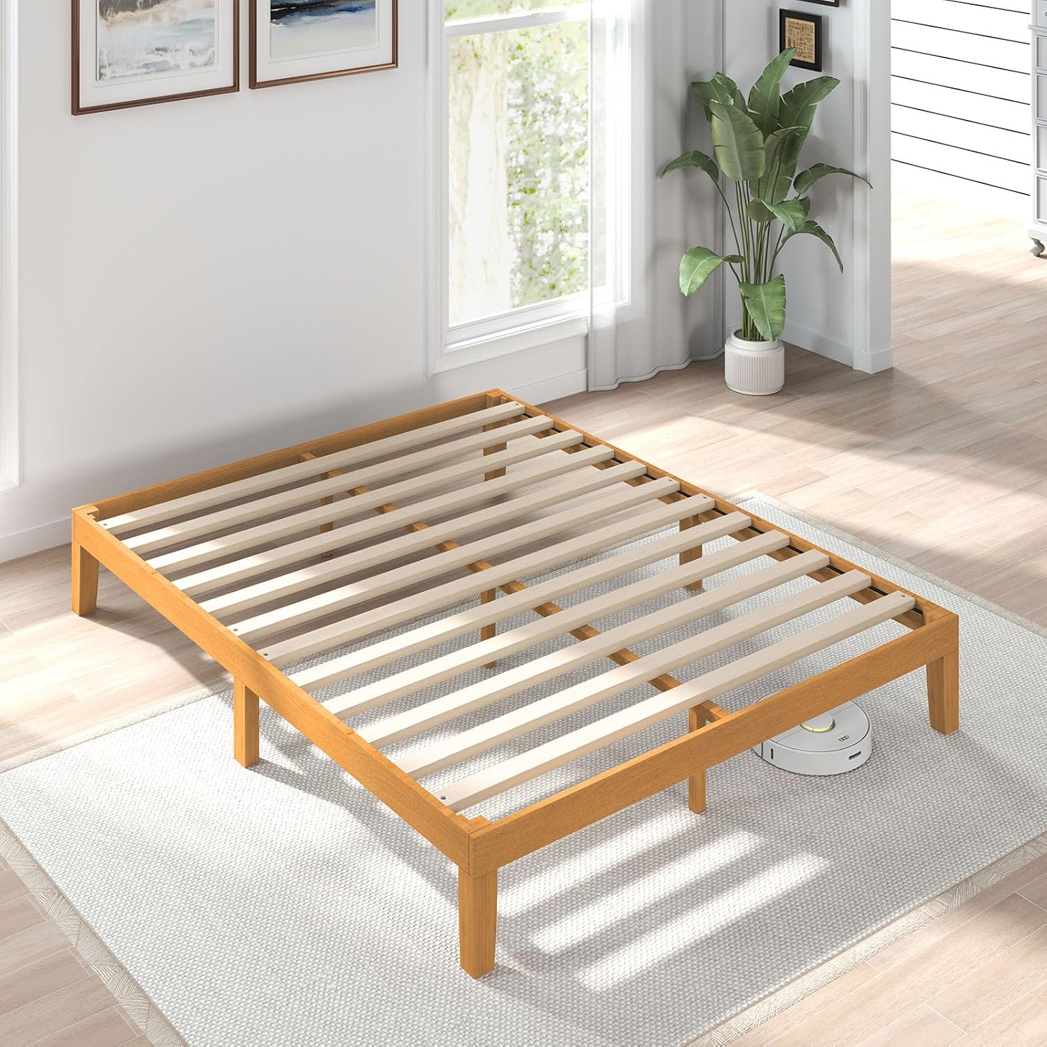 OLIXIS Full Size Bed Frame, 12 in Heavy Duty Platform Bedframe, Underbed Storage, 700 LBS Capacity, No Box Spring Needed, Wooden Slats,Easy Assembly, Honey Finish