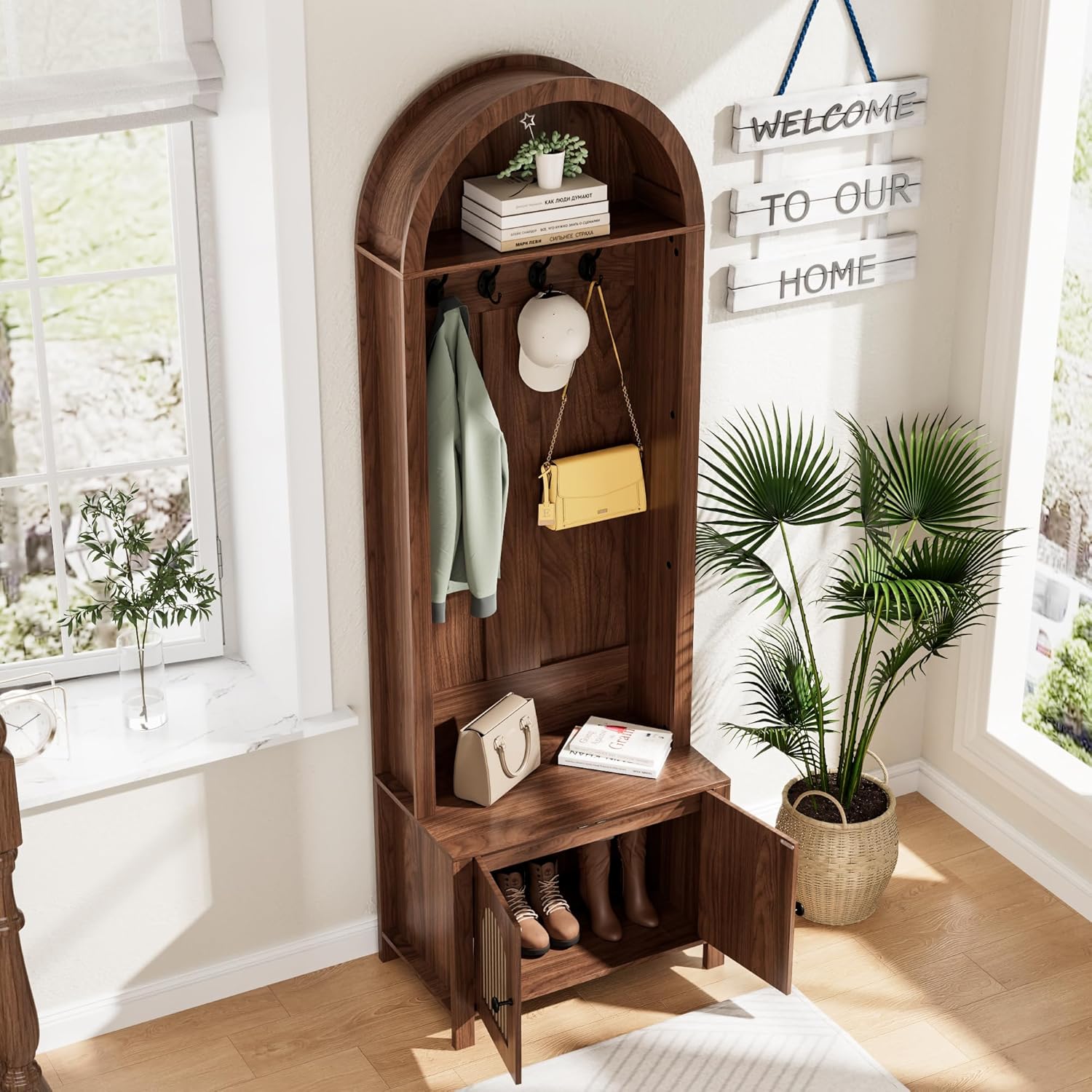 Hall Tree with Bench and Shoe Storage, Entryway Storage Bench with Coat Rack, 70.9"Arch Coat Rack with 4 Hooks and 2 Fluted Doors, Farmhouse Style Furniture Organizer for Hallway (Walnut, 23.7"W)
