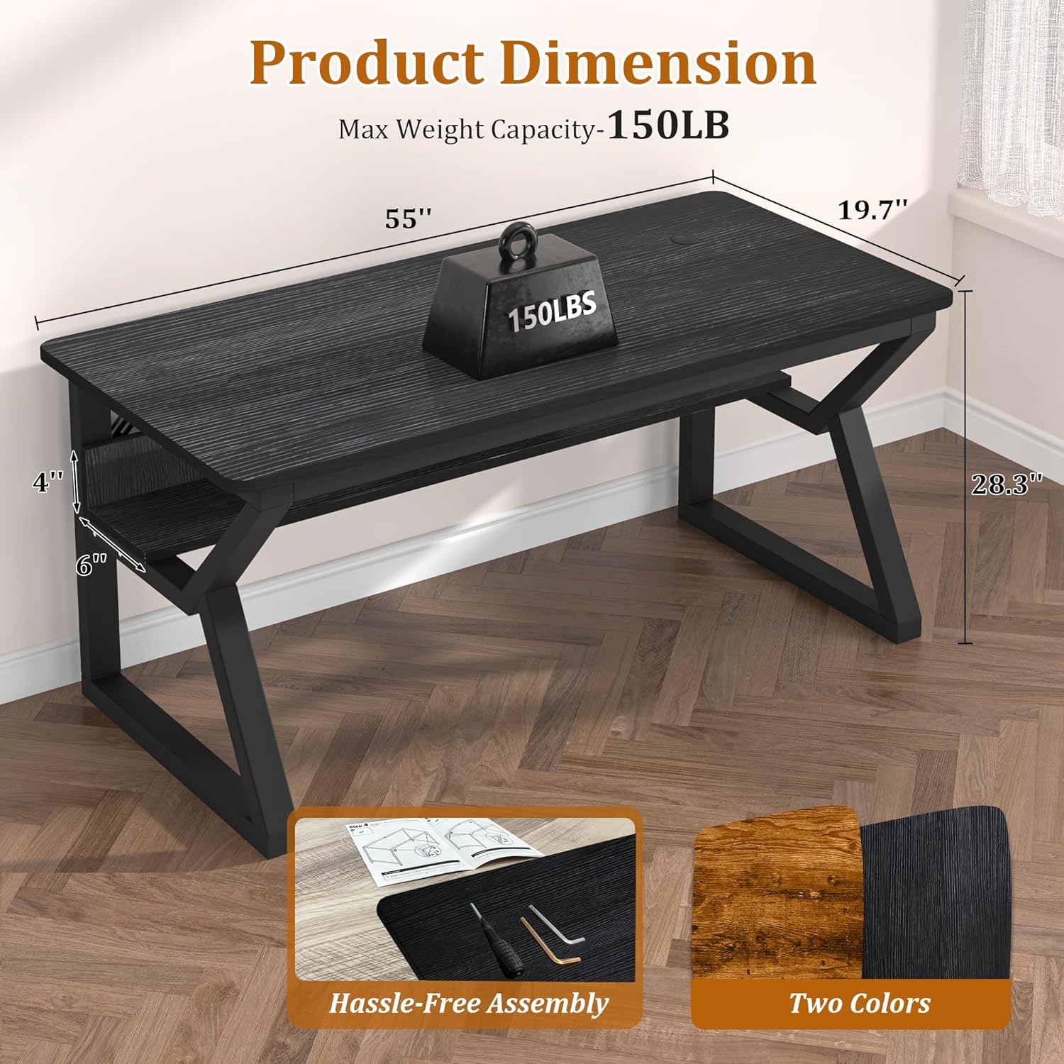 55 inch Computer Desk with Storage Shelf, K-Shaped Office Desk with Sturdy Metal Frame, Writing Gaming Work Desk with Waterproof Surface for Home Office & Bedroom, Black