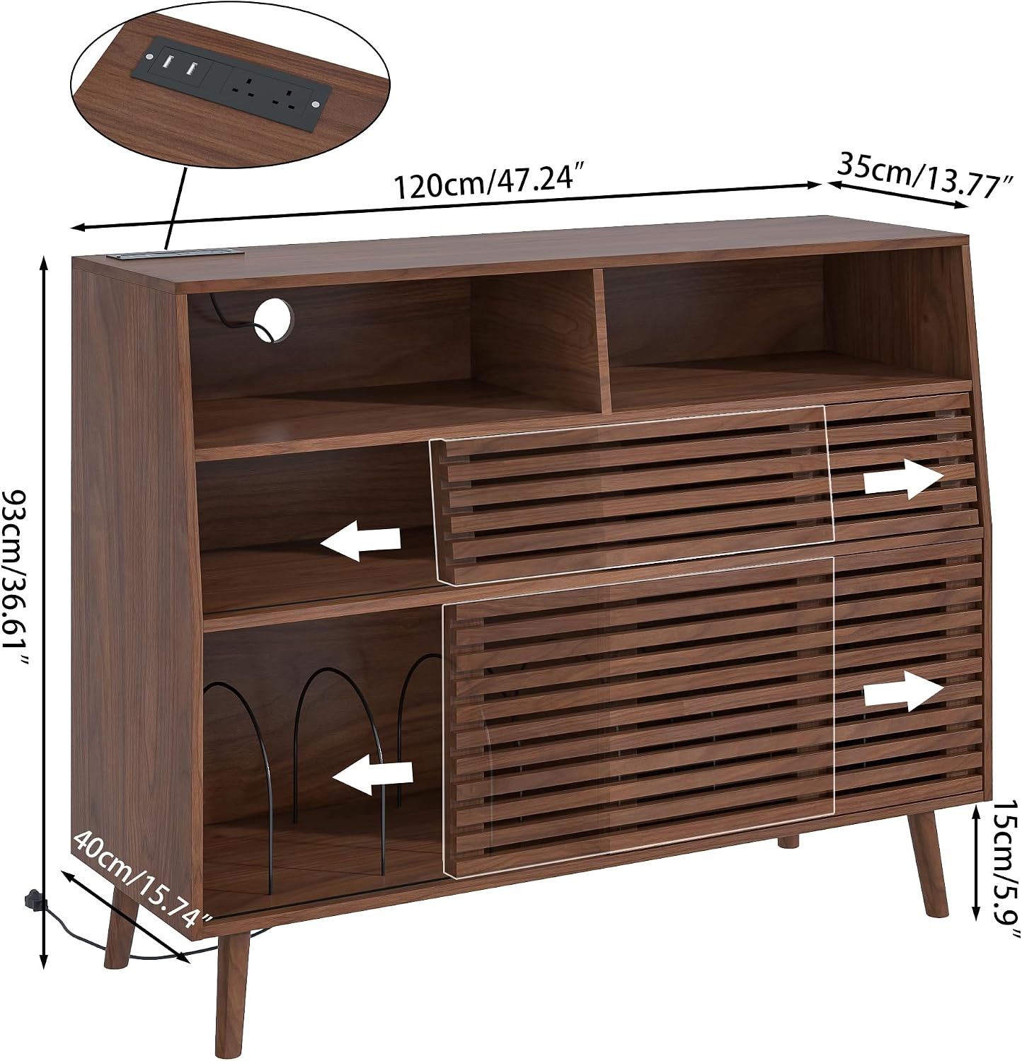 Mid Century Record Player Stand, Large Vinyl Turntable Console with Doors, Charging Station, 451 Albums Capacity Media Storage Shelf, Entertainment Center for Living Room, Bedroom, Walnut