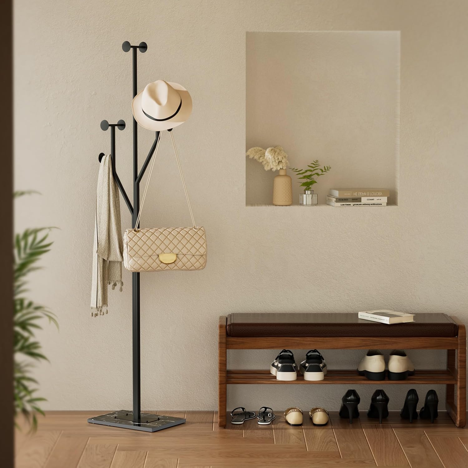 Coat Rack Stand, Freestanding Metal Coat Rack with Sturdy Marble Base, Modern Standing Coat Rack Tree with 8 Hooks for Entryway, Bedroom, Office & Hallway, Space-Saving Design, Black, 68.9 Inches Tall