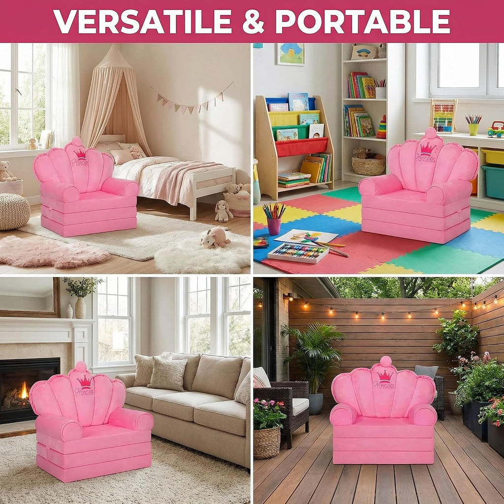Pink Princess Toddler Couch, 2-in-1 Foldable Sofa Bed & Chair for Kids 1-5, Space-Saving for Small Rooms, Fits Multiple Spaces, Flexible Layout, Comfy Crystal Velvet, Playroom Gift