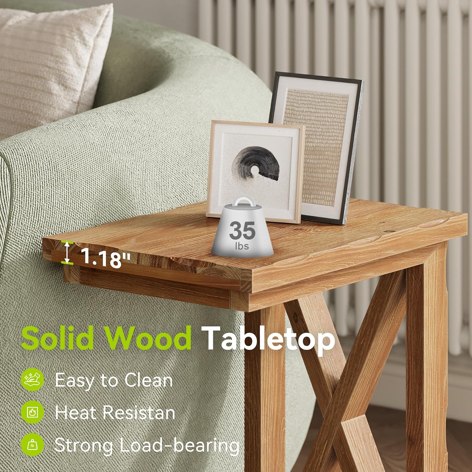 LITTLE TREE Solid Wood End Table, 2-Tier C Shaped Side Table with Open Storage Shelf, Solid Wood Sofa Side Table Accent Table for Living Room, Simple Nightstand Bedside Table for Bedroom, Brown