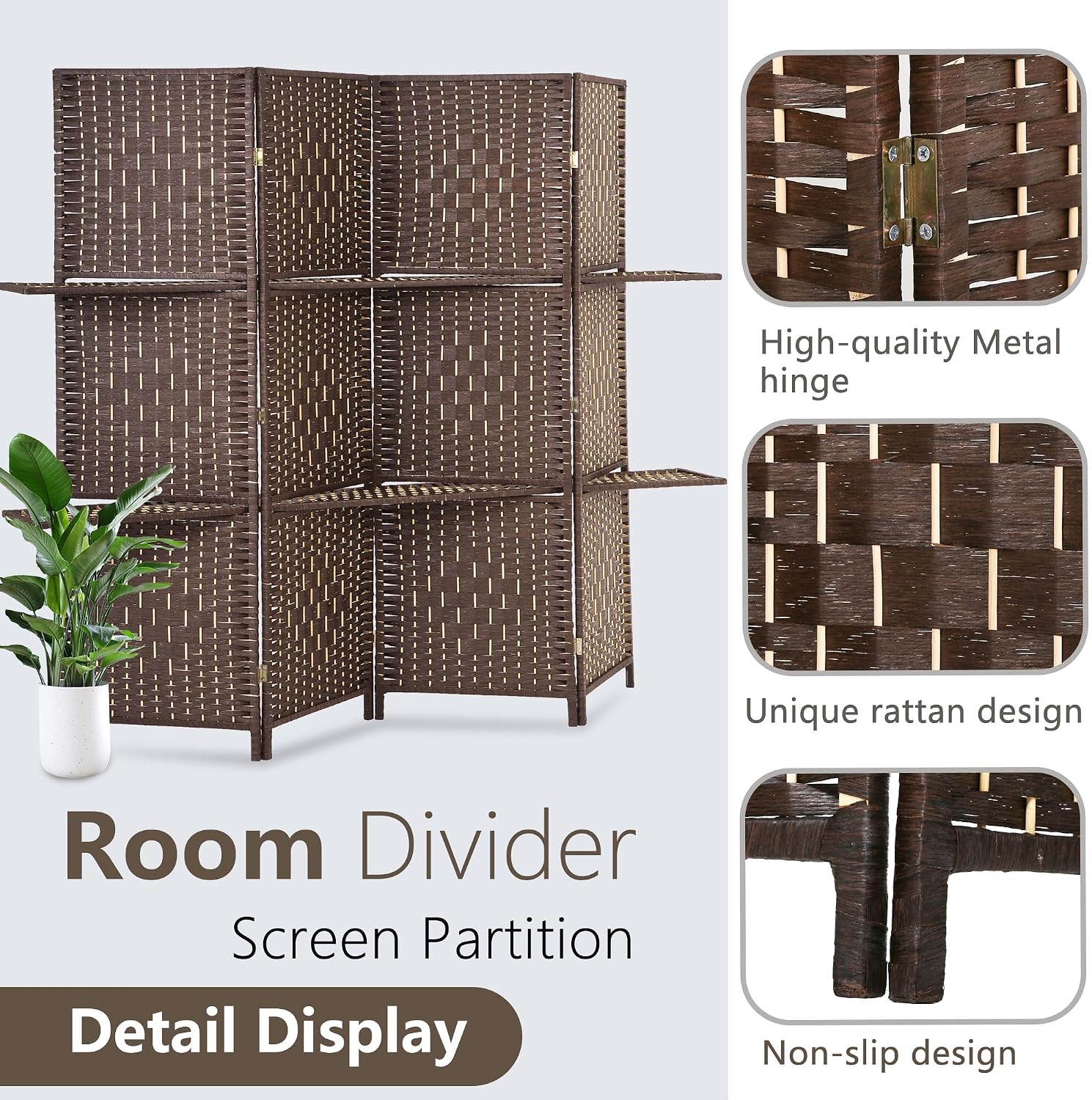 FDW Room Divider 4 Panel Wooden Screen Folding Portable Partition Screens Wood with Removable Storage Shelves Color, Dark Brown