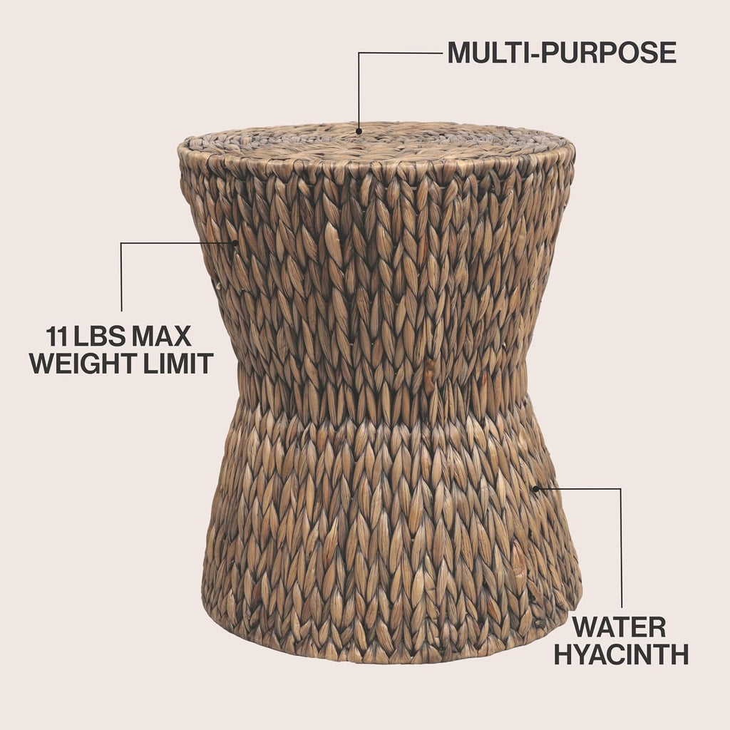 JONATHAN Y Natura 19" Handwoven Water Hyacinth Round Side Table, with Hourglass Silhouette and Metal Frame for Living Room, Bohemian Accent Table, Fully Assembled, Brown TBL2505B