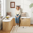 L Shaped Storage Bench with Cushion, Mid Century Modern Corner Dining Bench, Wooden Window Breakfast Nook Bench for Dining Room, Entryway, Living Room, Cloakroom, Wood, Oak