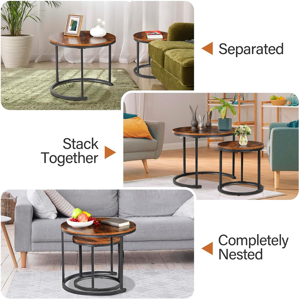 ZENY Nesting Coffee Table Set of 2, 23.6inch Round Coffee Table Wood Grain Top with Sturdy Metal Frame, Industrial End Table Side Tables for Living Room Bedroom Balcony Yard, Rustic Brown