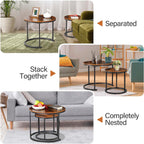 ZENY Nesting Coffee Table Set of 2, 23.6inch Round Coffee Table Wood Grain Top with Sturdy Metal Frame, Industrial End Table Side Tables for Living Room Bedroom Balcony Yard, Rustic Brown