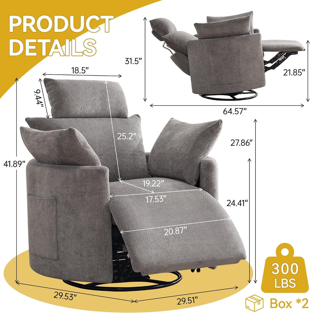 Manual Rocking Chair Nursery, 360° Swivel Recliner Chair with Side Pocket, Glider Reclining Chair for Adults Small Space, Barrel Recliners with 2 Pillows for Living Room, Chenille Light Grey
