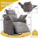 Manual Rocking Chair Nursery, 360° Swivel Recliner Chair with Side Pocket, Glider Reclining Chair for Adults Small Space, Barrel Recliners with 2 Pillows for Living Room, Chenille Light Grey