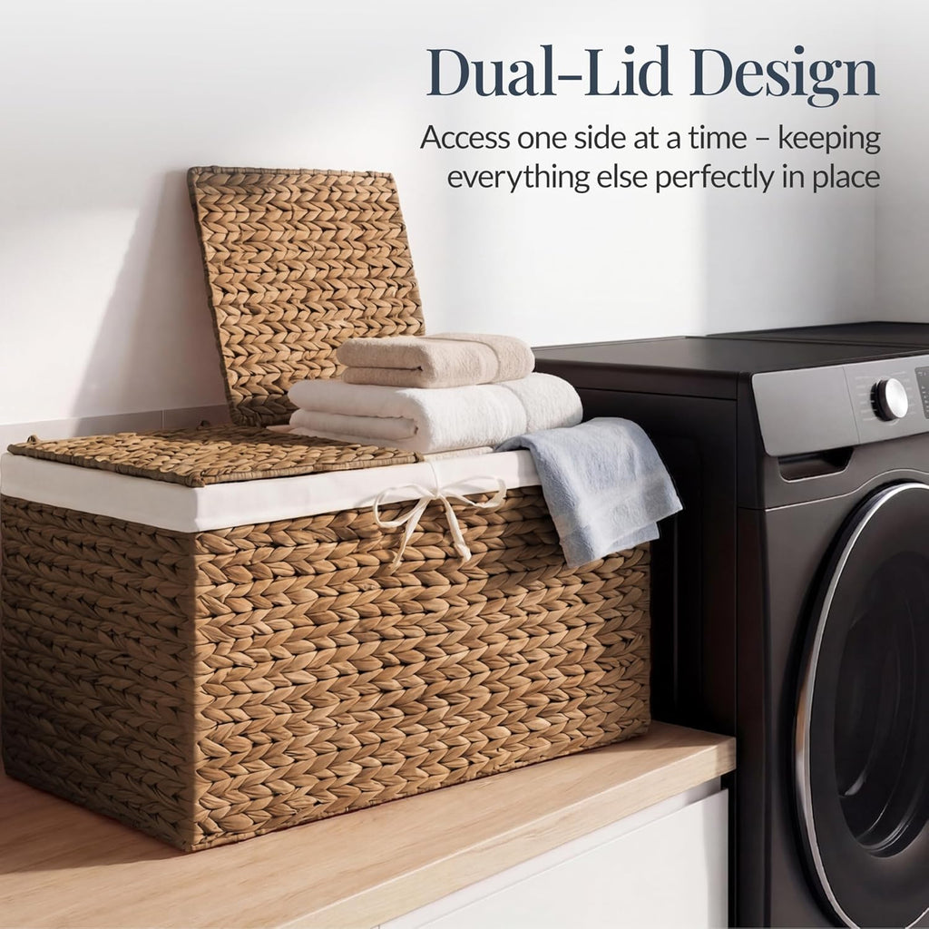 Best Choice Products Wicker Storage Basket W/ 2 Separate Lids, Rattan Woven 17.2 Gallon (65L) Basket, Foldable, Removable Washable Liner Bags for Toys, Linens, Blankets, & Laundry - Chestnut