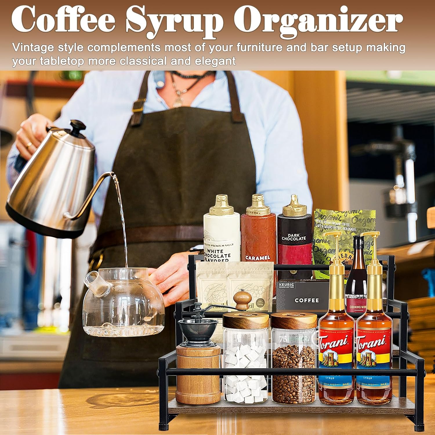 Klxuyuo 3-Tier Coffee Syrup Rack for 15 Bottles (750ml) –Sturdy Coffee Syrup Organizer for Bar, Kitchen, Café, Office