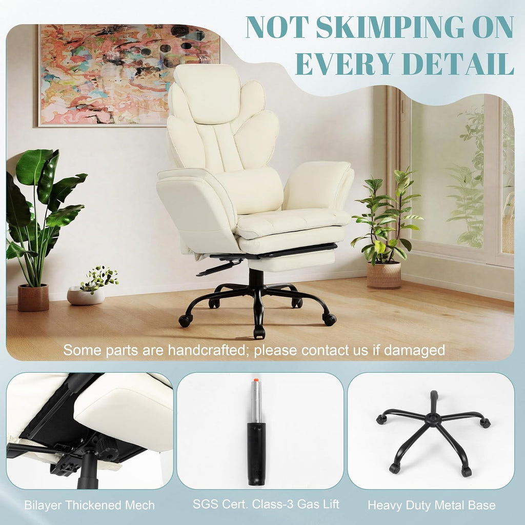 Flip Armrests Criss Cross Office Chair, Reclining Office Chair with Foot Rest, Adjustable Headrest, Massage Waist Pillow, Cross Legged Big and Tall Desk Chair Wide Seat Vanity Chair, PU Leather White
