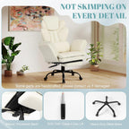Flip Armrests Criss Cross Office Chair, Reclining Office Chair with Foot Rest, Adjustable Headrest, Massage Waist Pillow, Cross Legged Big and Tall Desk Chair Wide Seat Vanity Chair, PU Leather White