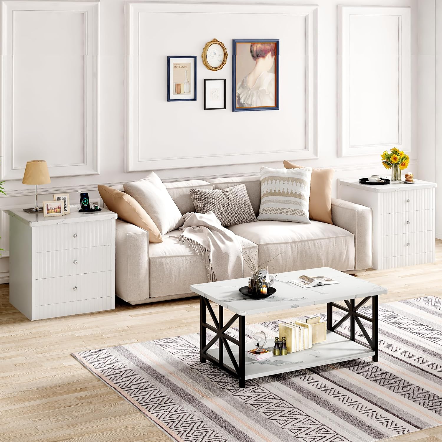 AWQM White Nightstand Set of 2, Night Stand with Charger Station and 3 Drawers, Modern End Table for Bedroom, Modern Nightstands with Storage, Suitable for Bedrooms, White