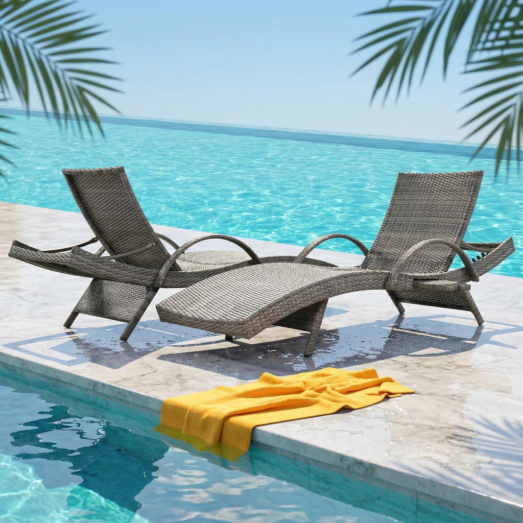 OVENTA Outdoor Wicker Patio Chaise Lounge Chair Set of 2, Gray Rattan Pool Furniture Lounger for Outside Poolside Lounges, Jumbo Co Chaise Lounge Chairs, Wicker Patio Pool Furniture