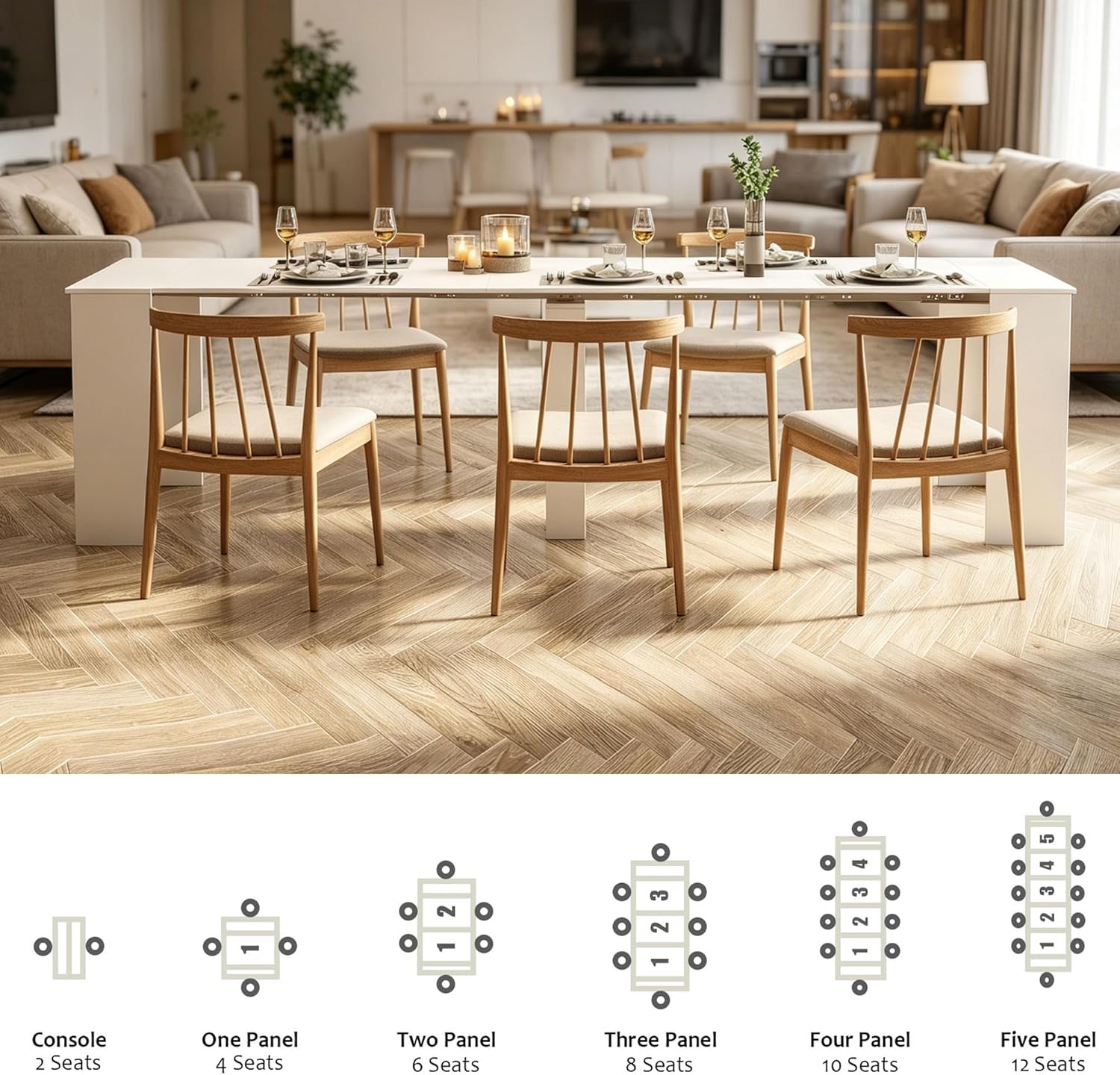 Expandable Dining Room Table, Extendable Table for 10-12 People, Folding Console Table, Space Saving Kitchen Table for Apartment, Pure White