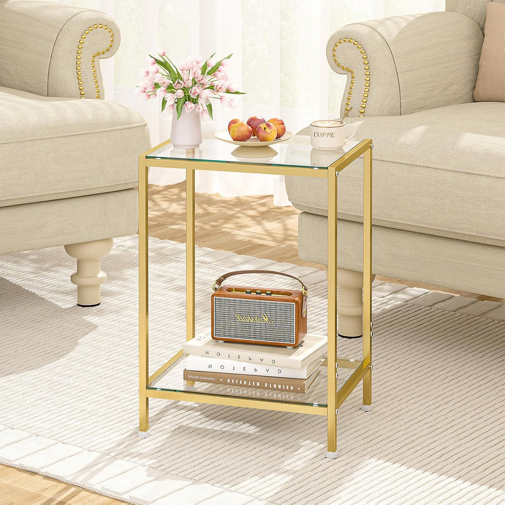 DAOUTIME Side Tables Set of 2, End Tables with Tempered Glass & Metal Frame, Small Nightstands with Storage Shelves, 2-Tier Gold Coffee Table with Modern Style, Slim Sofa Table for Living Room,Bedroom