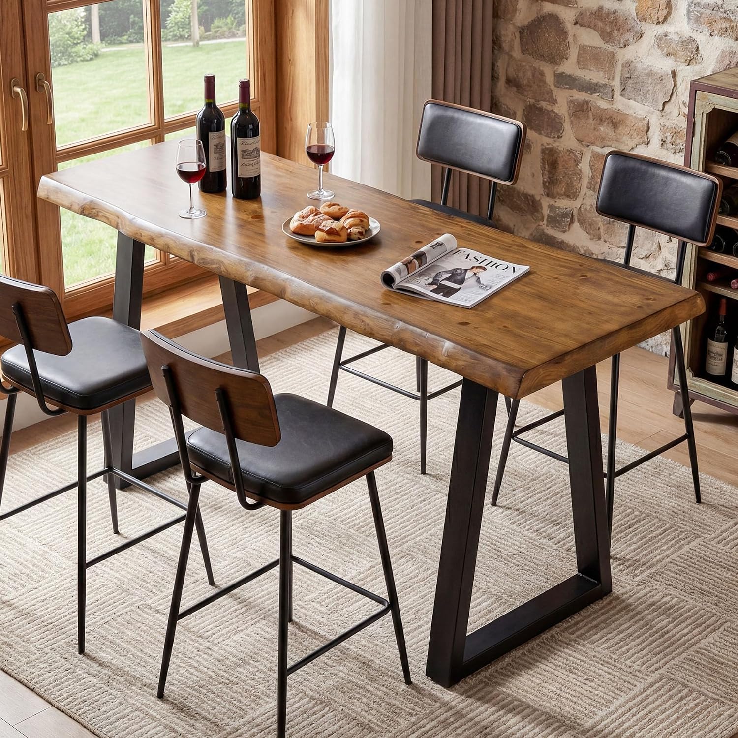 63” Solid Wood Bar Table, Commercial Grade Counter Height Table with Metal Legs, Heavy Duty Long Pub Table for Restaurant, Bar, Café & Hospitality Use, Rustic Brown Black