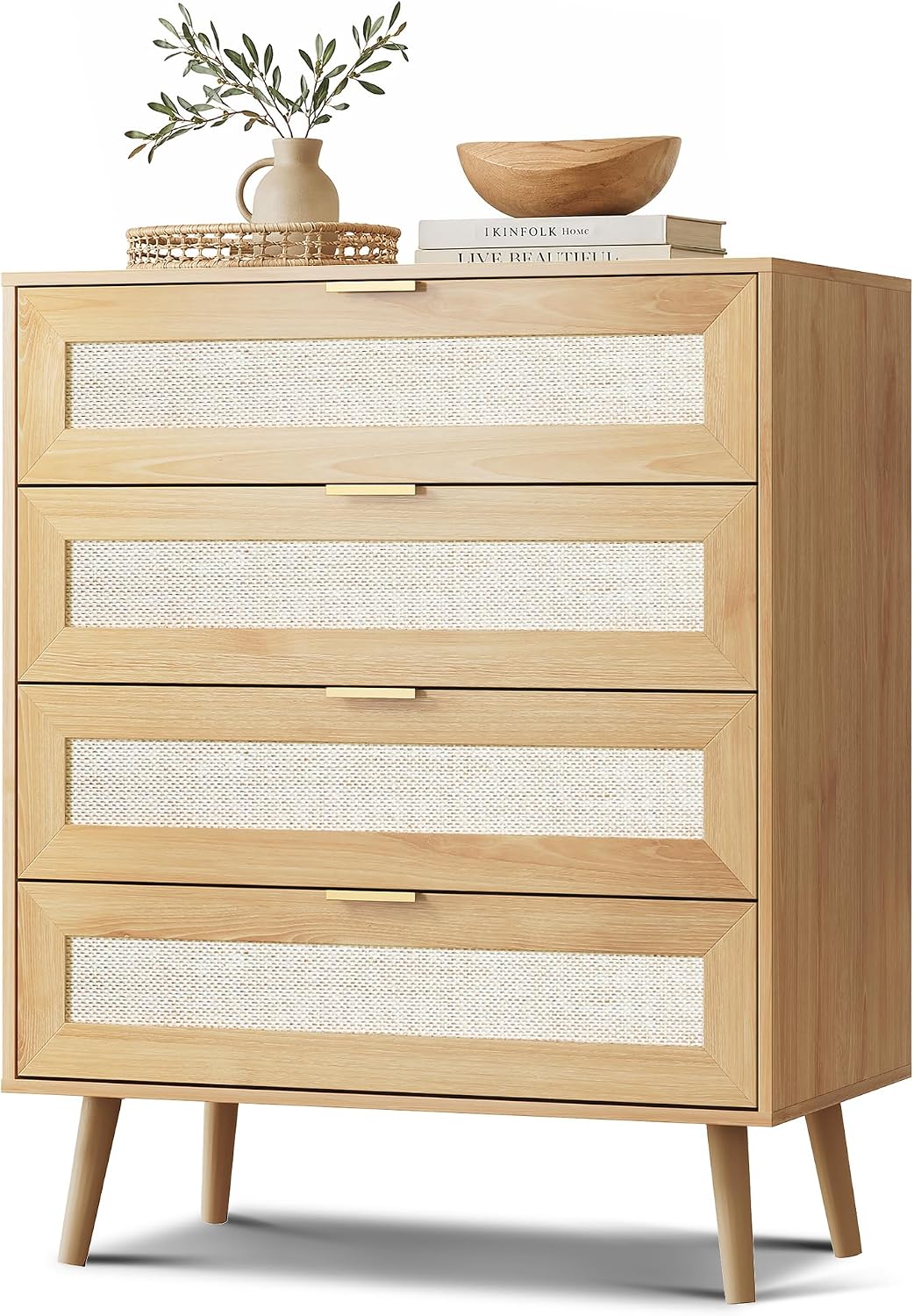 Rattan TV Stand, 4-Drawer Wooden Boho Media Console with Gold Metal Handles, Light Oak Storage Cabinet for Living Room, Office