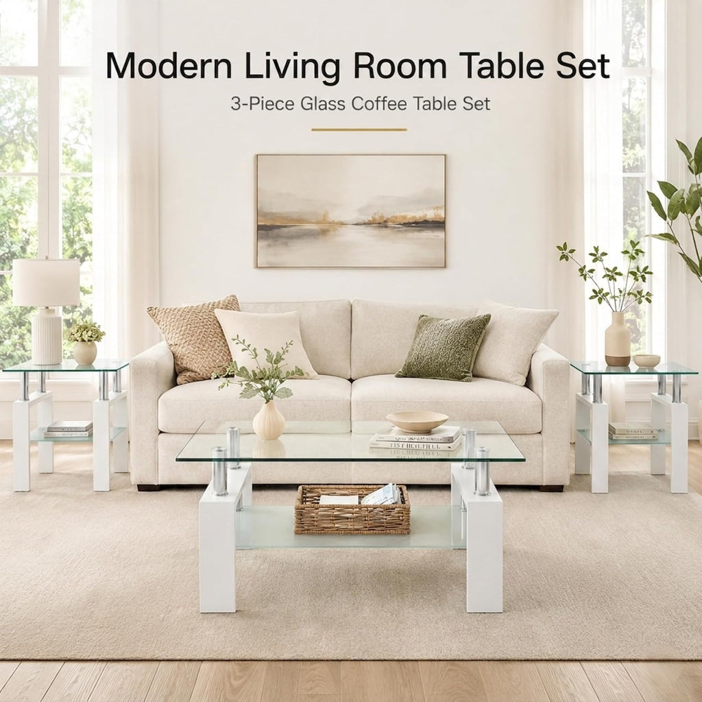 Meihua Glass Coffee Table and End Table Set of 3, Modern Living Room Table Set with Tempered Glass & Metal Frame, Double-Layer Side Tables (Clear Glass + White Leg, Set of 3)