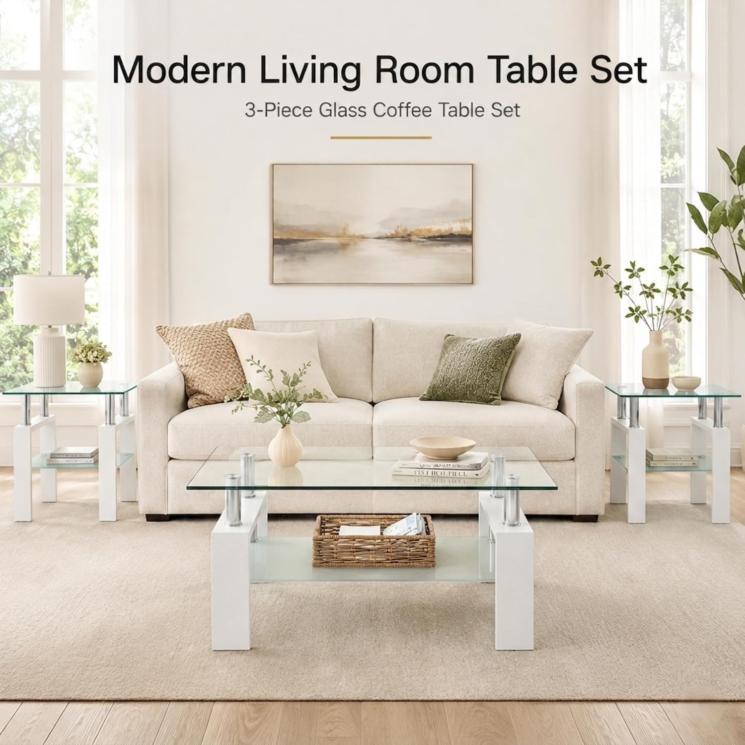 Meihua Glass Coffee Table and End Table Set of 3, Modern Living Room Table Set with Tempered Glass & Metal Frame, Double-Layer Side Tables (Clear Glass + White Leg, Set of 3)