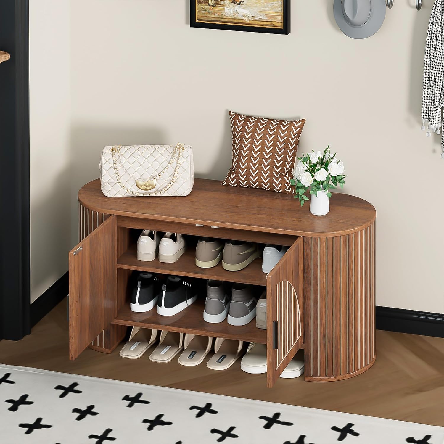 Shoe Storage Bench with Doors and Adjustable Shelf, 2-Tier Entryway Bench with Storage, Wooden Modern Shoe Cabinet Organizer for Entryway, Hallway, Living Room