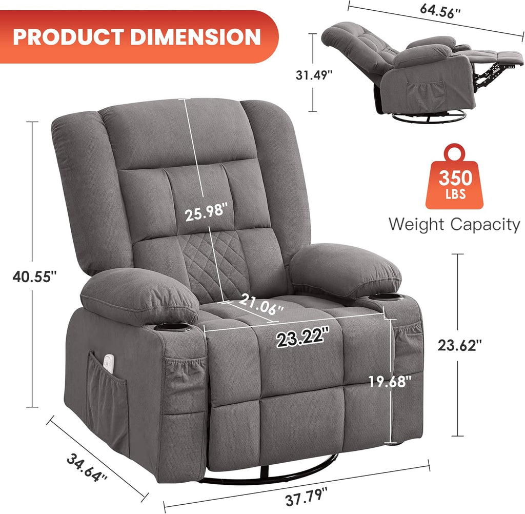 Rocker Recliner Chair with Heating and Kneading Massage for Adults,360°Swivel Rocker Recliner with Cup Holder and USB Charge Port for Living Room,Bedroom, Nursery