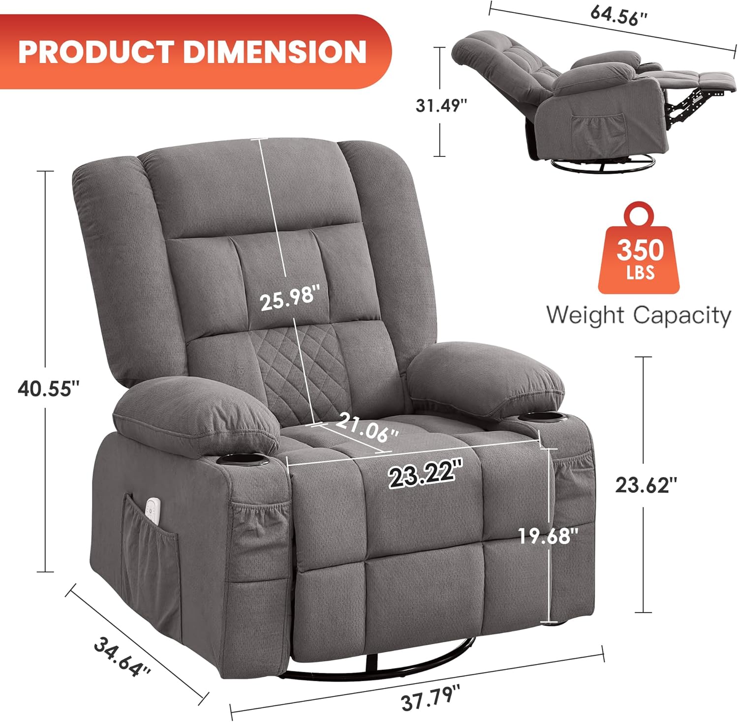 Rocker Recliner Chair with Heating and Kneading Massage for Adults,360°Swivel Rocker Recliner with Cup Holder and USB Charge Port for Living Room,Bedroom, Nursery