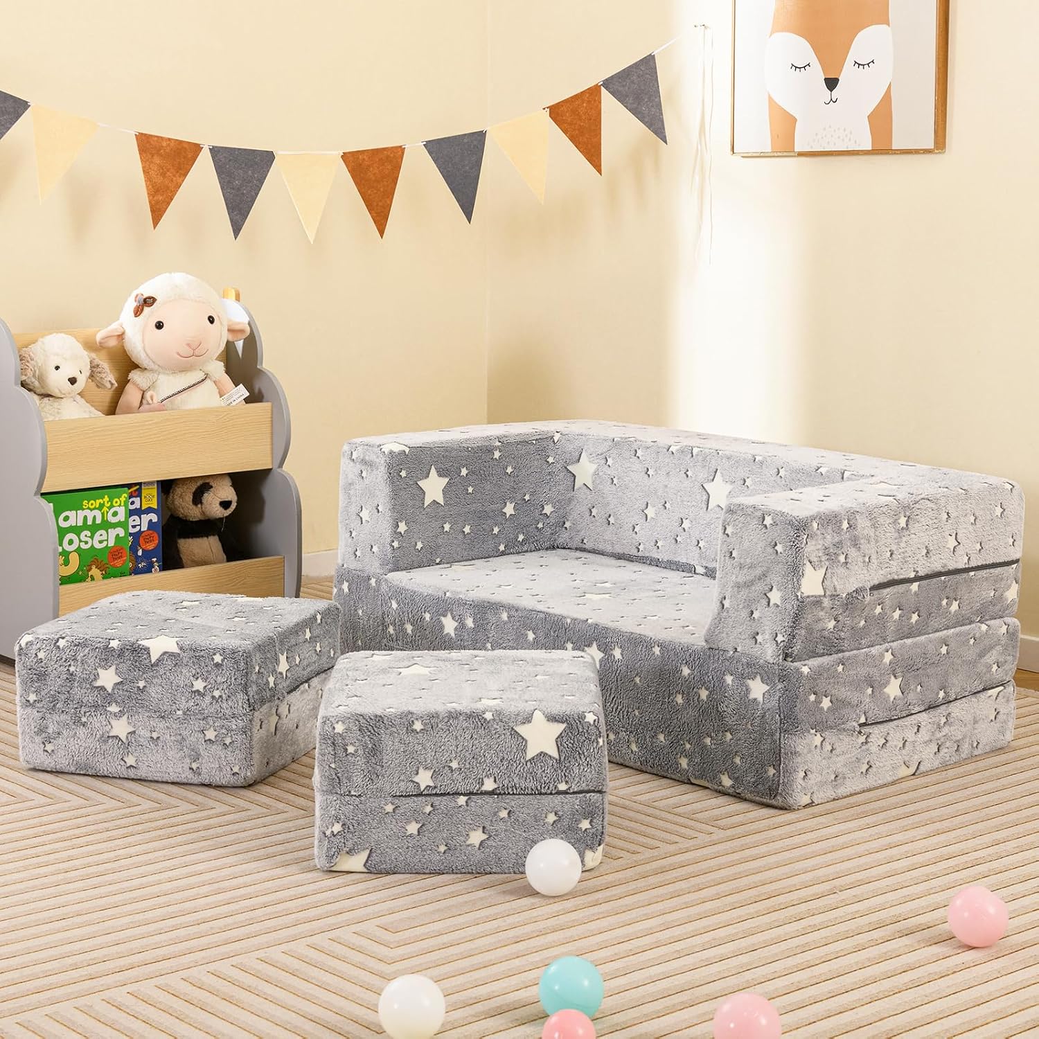 Costzon Modular Kids Play Couch Set, Glow in the Dark 2 Seat Toddler Chair, Fold Out Children Sofa Couch, Bedroom Playroom Furniture for Toddlers, Convertible Foam and Floor Cushion for Boys Girls