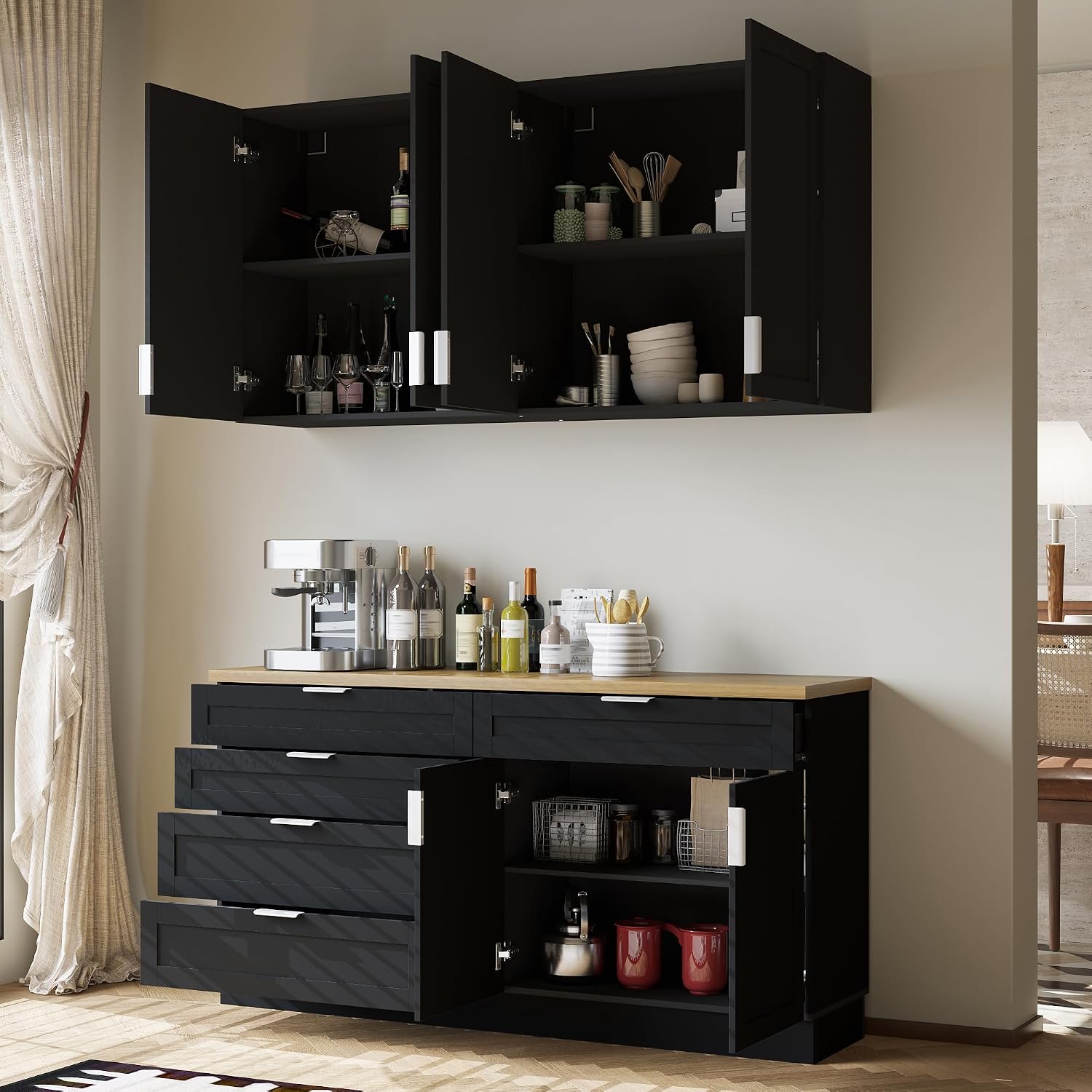 WOODTIME Wall Mounted Cabinet and Pantry with Countertop, Wooden Modern 2 Piece Kitchen Storage Cabinet with Drawers & Shelves for Dining Room Living Room, Black