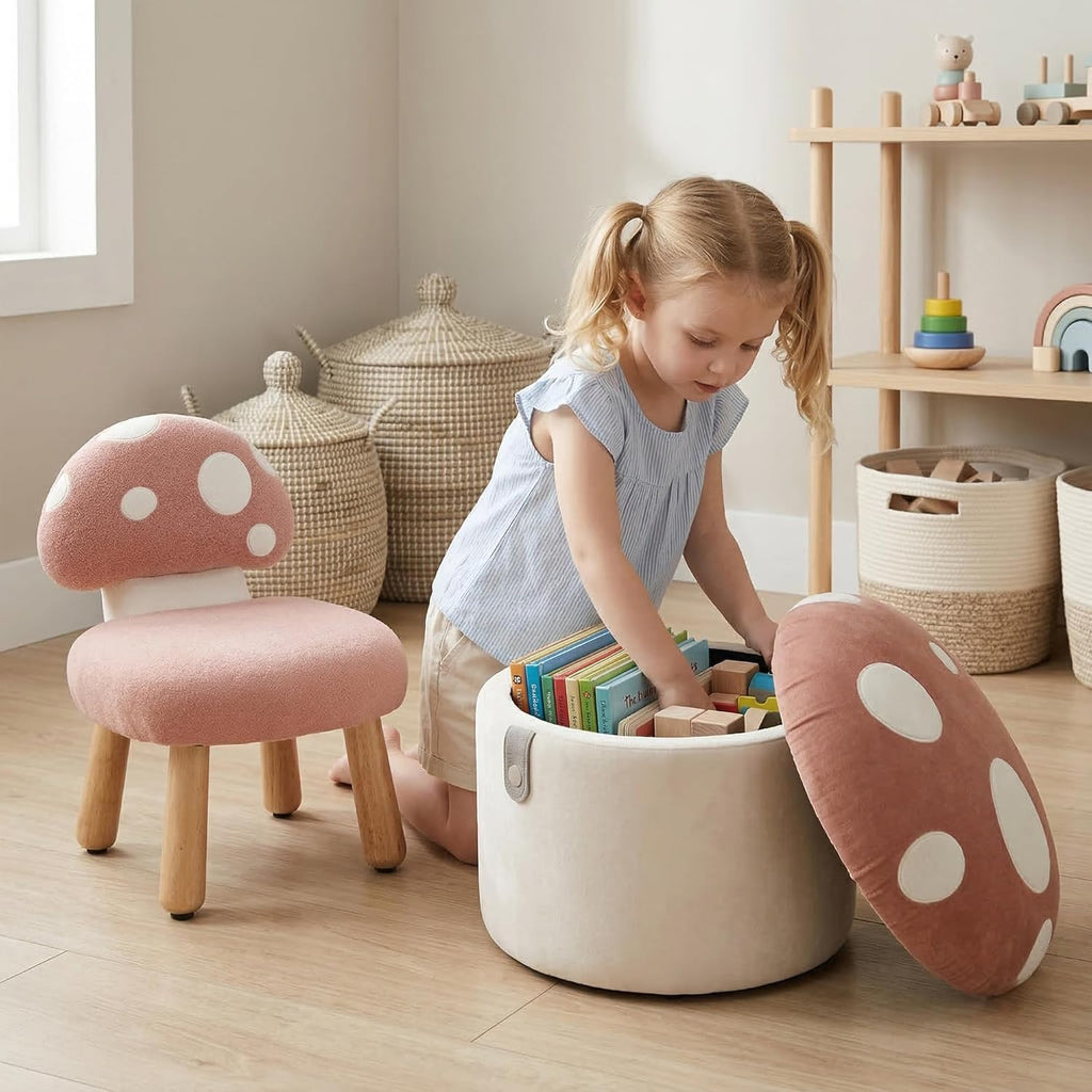 Mushroom Toddler Chair Comfy Chenille Kids Reading Chairs, Wooden Children Stool, No Assembly Kid Desk Chair, Cute Storage Ottoman for Kids Bedroom Furniture/Playroom/Boys Girls Gifts, Pink