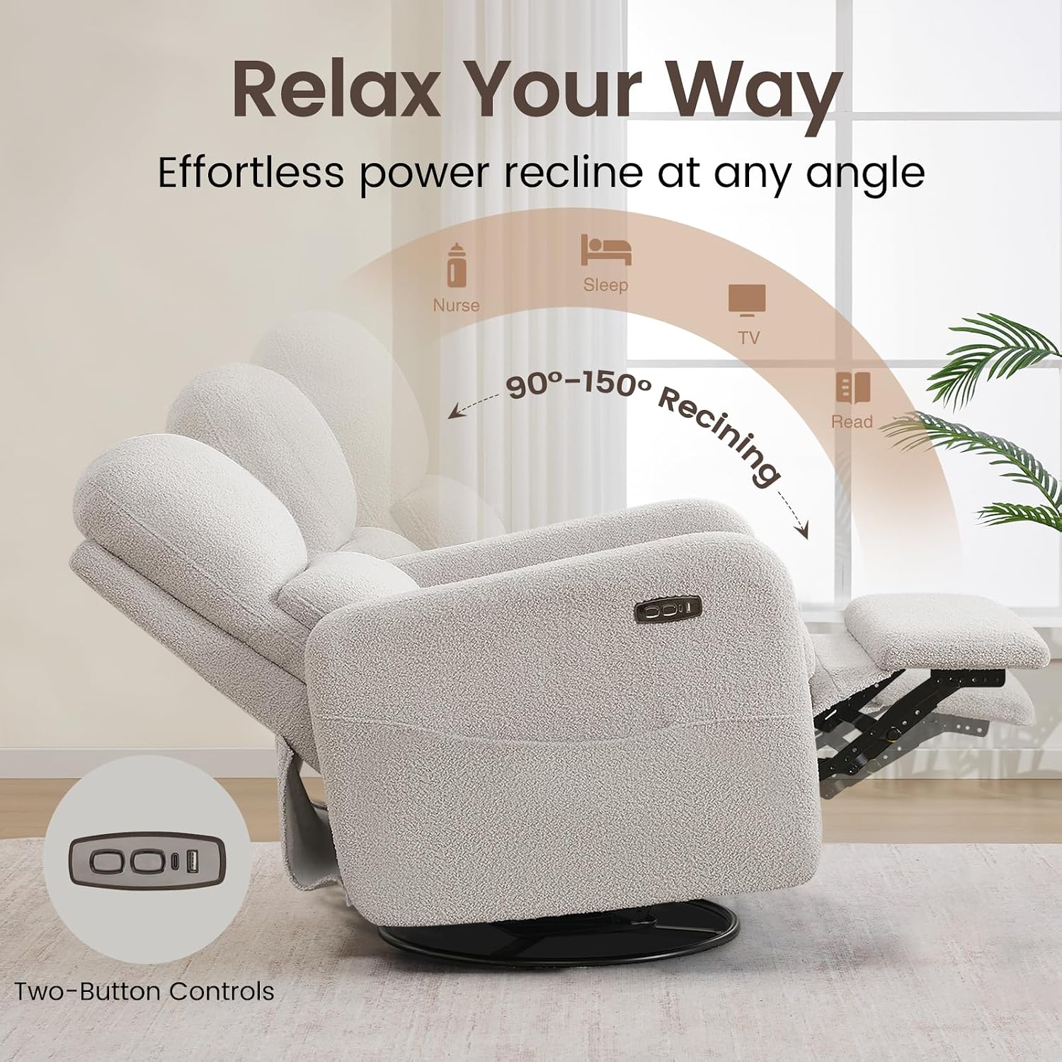 Power Swivel Rocker Recliner, Swivel Glider Nurseryc Recliner Chair with Lumbar Support, Upholstered Rocking Recling Chairs for Adults Nursery, Living Room, Bedroom, Teddy Grey