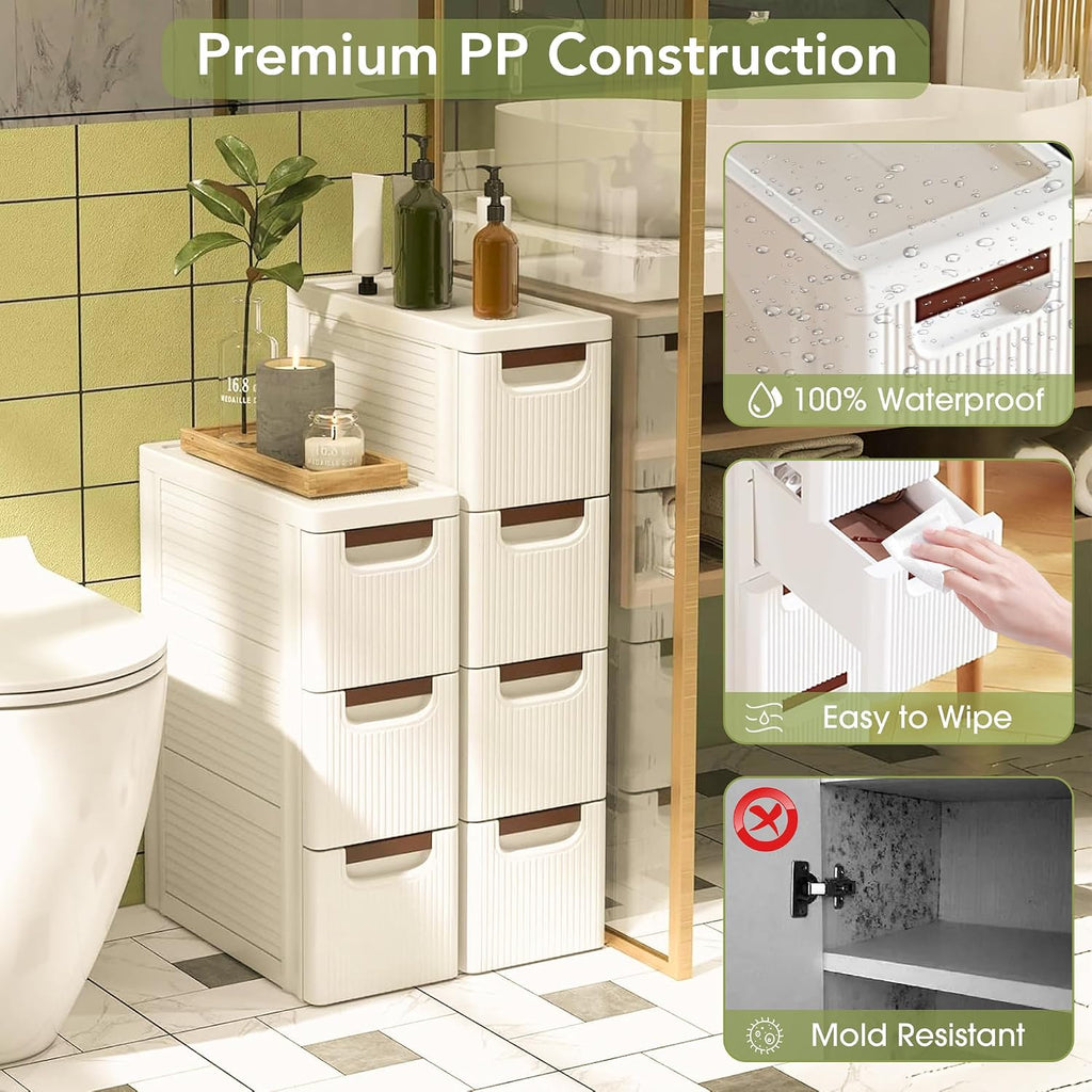 4 Drawers Narrow Bathroom Storage Cabinet, Slim Storage Cabinet, Plastic Slim Storage Cart Drawers for Small Spaces, Laundry, Office, Home, White
