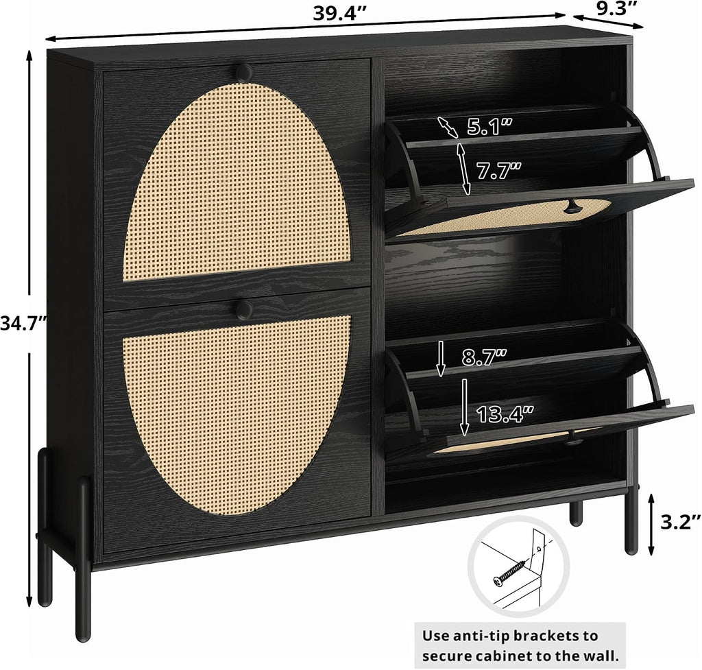 IRONCK Rattan Shoe Cabinet Storage with 4 Flip Drawers, Freestanding Shoe Storage Organizer Cabinet for Entryway, Narrow Shoe Rack Cabinet, Matte Black
