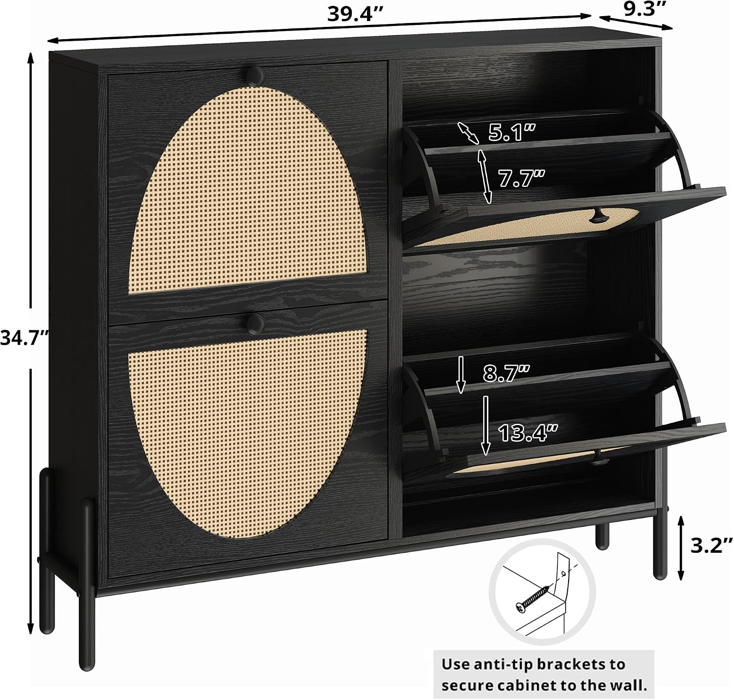 IRONCK Rattan Shoe Cabinet Storage with 4 Flip Drawers, Freestanding Shoe Storage Organizer Cabinet for Entryway, Narrow Shoe Rack Cabinet, Matte Black