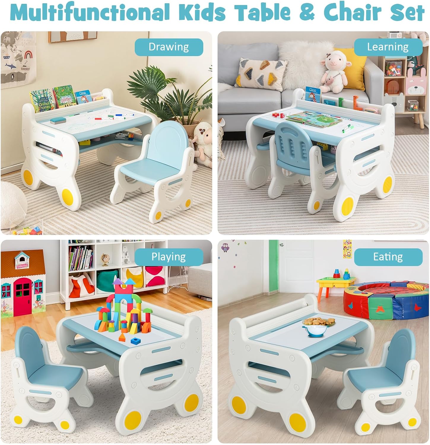 Costzon Toddler Table and Chair Set, Plastic Activity Desk w/Whiteboard, Watercolor Pens, Blackboard Eraser & Storage Shelf for Drawing Reading Dinning, Kids Table and Chair (Blue)