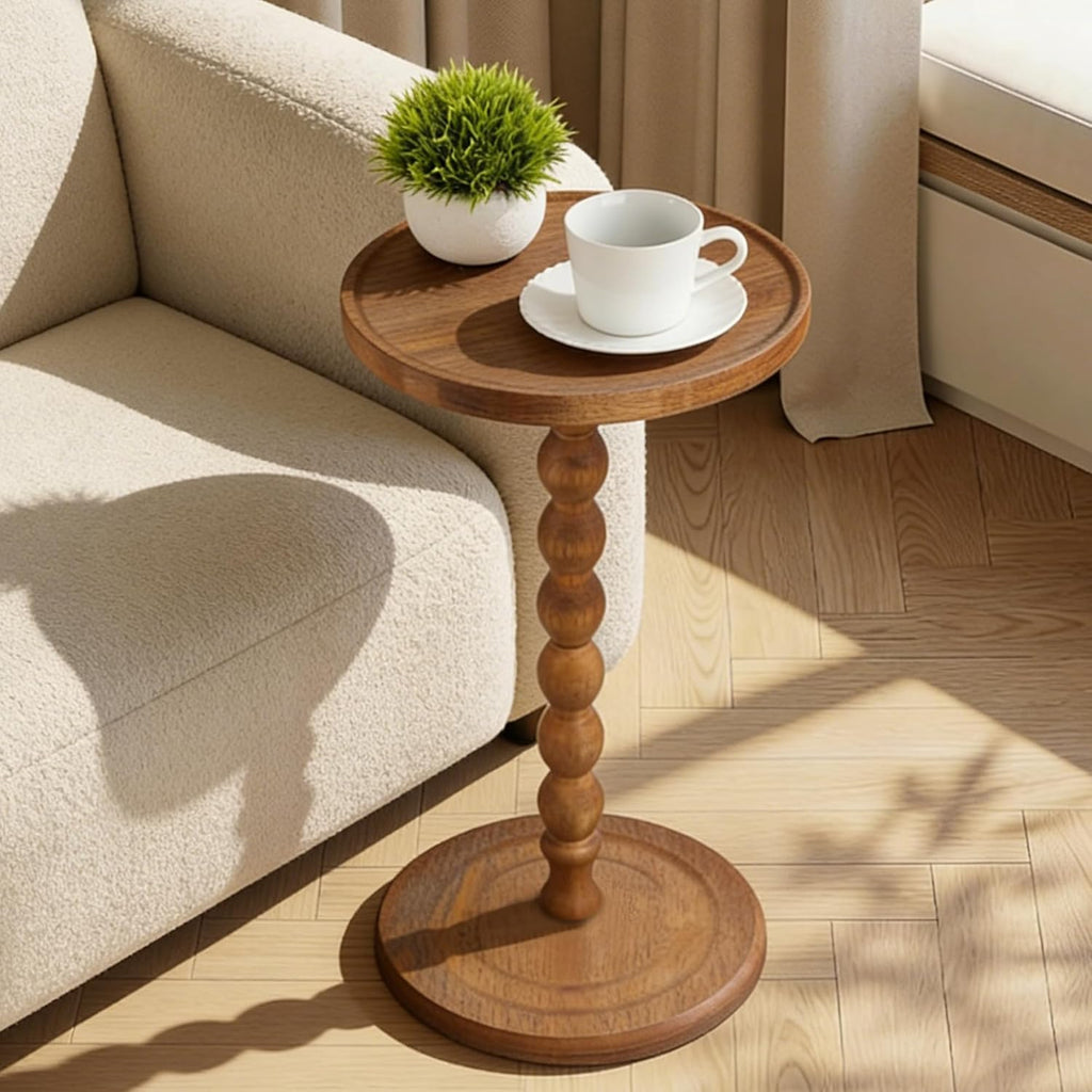 Round Side Table, Rubberwood Small Drink Table, Solid Wood Coffee Table with Pedestal Accent for Small Spaces in Living Room, Bedroom, Sofa Couch, Corners (Brown, Round)