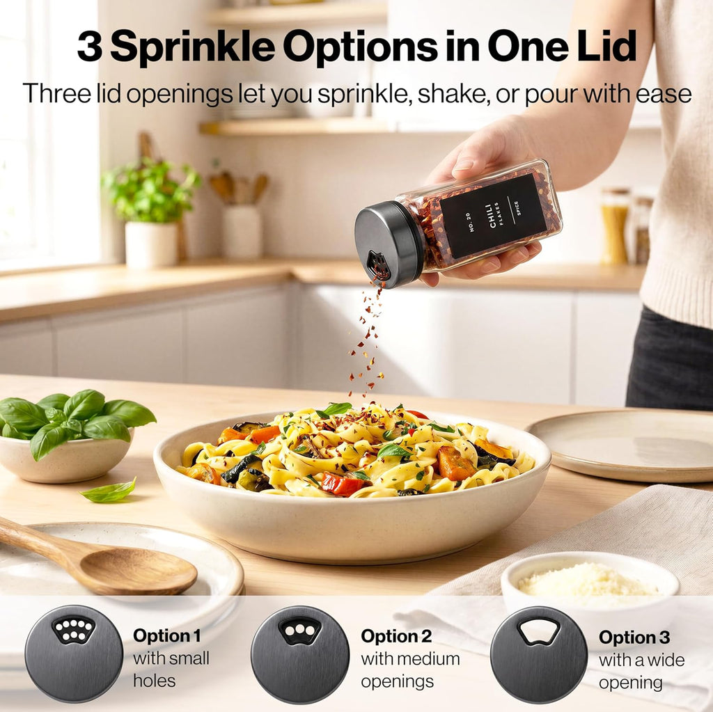 EDELHAUS Glass Spice Jars with Label and Space Gray Rotating Lids (24 x 4oz) Spice Containers with 240 Labels, Shaker Inserts, Steel Funnel, Empty Square Containers