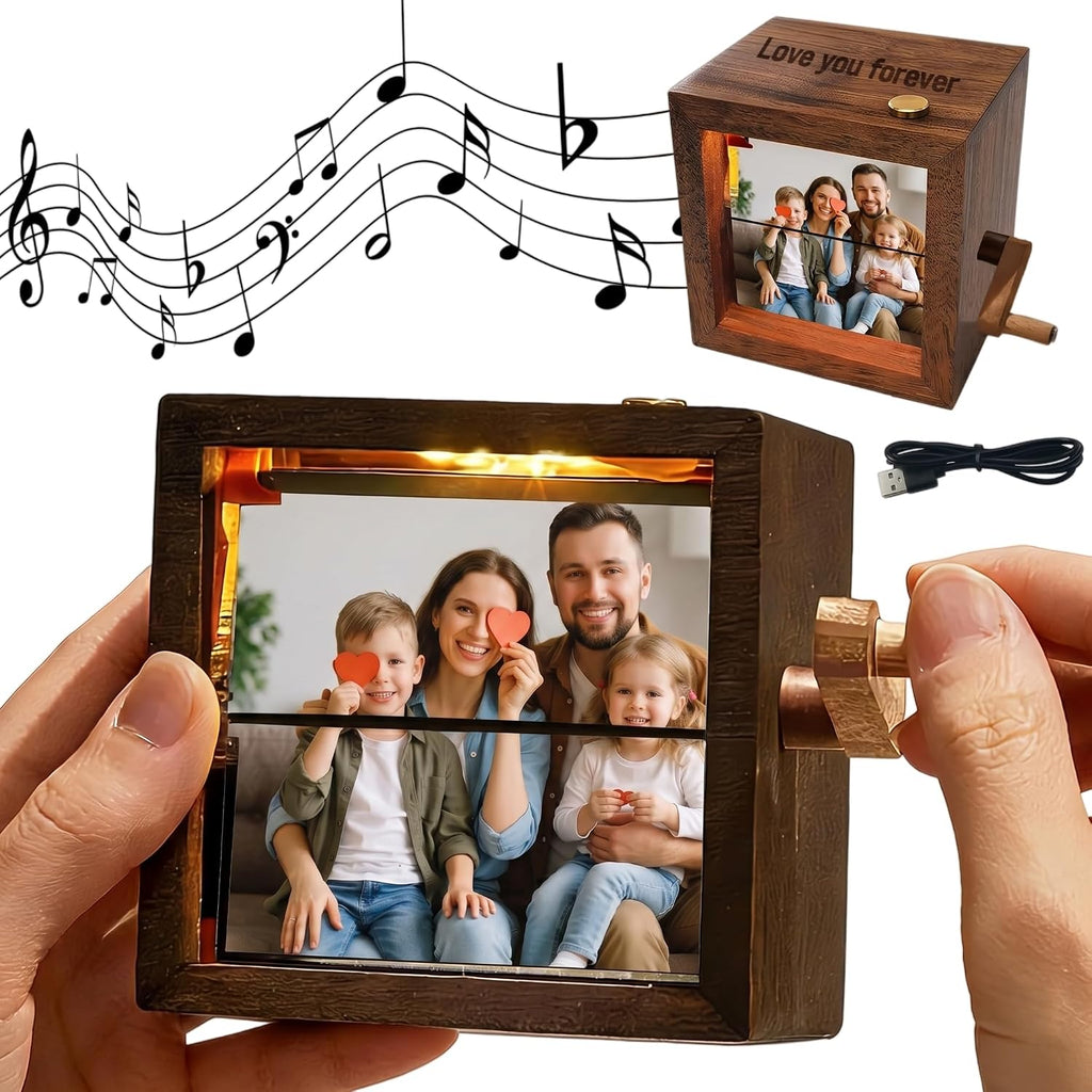 Custom Flip Photo Book, Personalized 8 or 16 Photo Flip Box Frame Animation Machine, Custom Hand-crank Flipbook Box Album with Light, Music, Gifts for Fathers Day Birthday (Walnut)